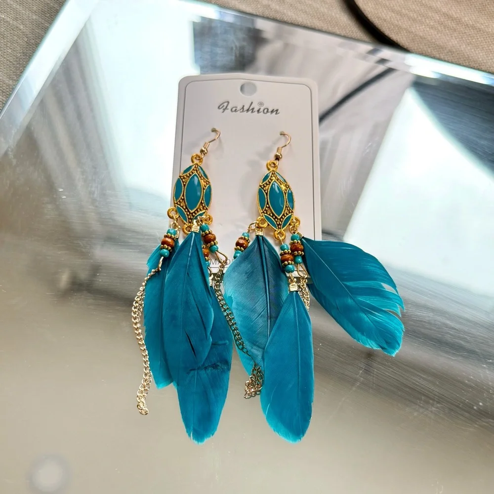 Gold Earring with Feather Blue - Picture 1 of 3